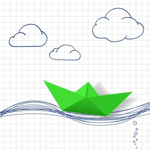 Паперовий човен і пофарбовані хвилі — стоковий вектор