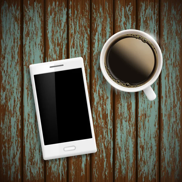 Una tazza di caffè bianco. Smartphone — Vettoriale Stock