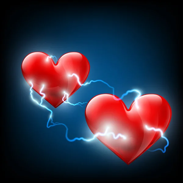 Electric discharges between two hearts — Stock Vector