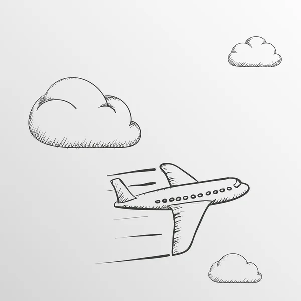 Avión volando en las nubes. Imagen de Doodle — Vector de stock