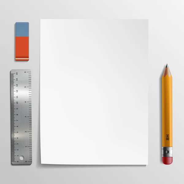 Hoja blanca de papel, lápiz y goma de borrar — Vector de stock