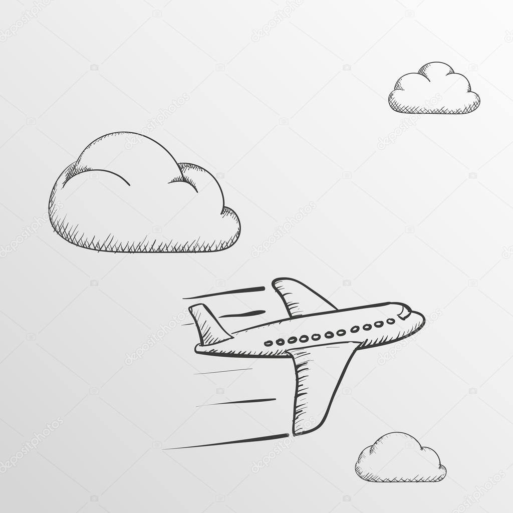 Airplane flying in clouds. Doodle image