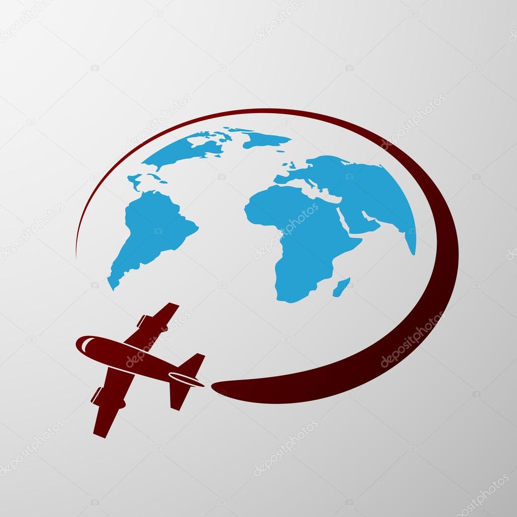 Plane flies around the Earth. Flat graphics. Stock vector illustration.