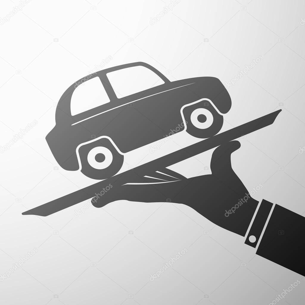 Human hand holding a tray with a car. Flat design. Stock vector illustration.
