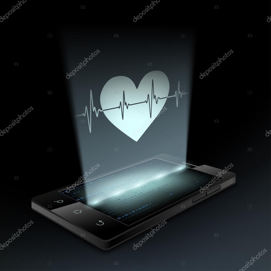 Icon heart on the screen smartphone. Hologram. Stock vector illustration.