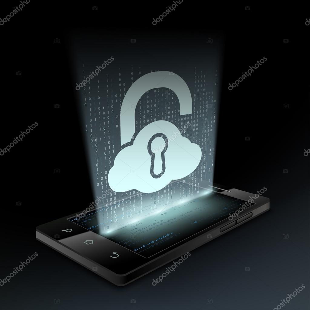 Lock icon on the smartphone screen. Hologram. Stock vector illustration.