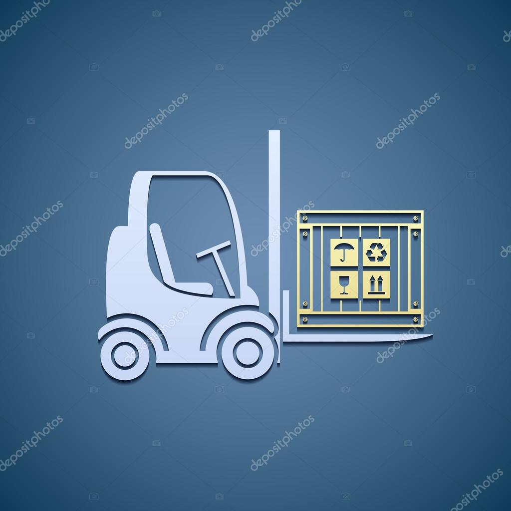 Warehouse forklifts with cargo box. Stock vector illustration.