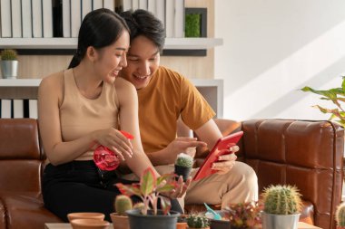 Genç Girişimci, bir çift kaktüs bitkilerine su püskürtmek ve online çiçekçi dükkanı açmak için tablet kullanmak için boş vakitlerini harcıyor. Ticaret alışverişi kavramları, evden küçük teslimat işleri..