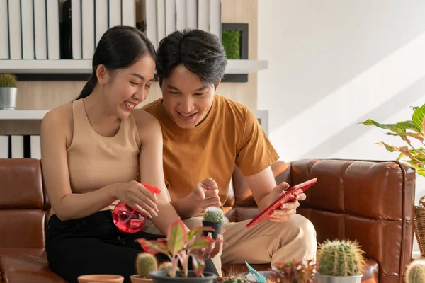 Genç Girişimci, bir çift kaktüs bitkilerine su püskürtmek ve online çiçekçi dükkanı açmak için tablet kullanmak için boş vakitlerini harcıyor. Ticaret alışverişi kavramları, evden küçük teslimat işleri..