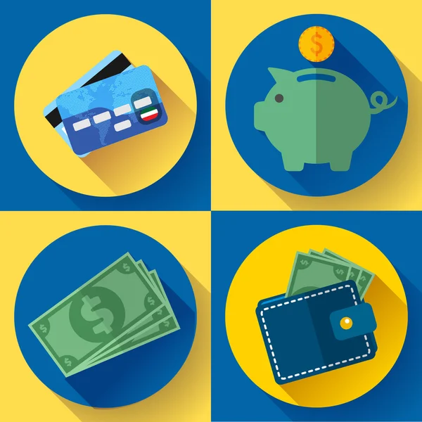 Set icona vettoriale Portafoglio, carta di credito, piggi e denaro — Vettoriale Stock