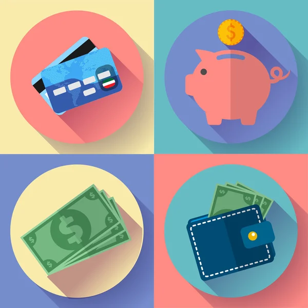Ikona wektor zestaw portfel, karta kredytowa, piggi i pieniądze — Wektor stockowy