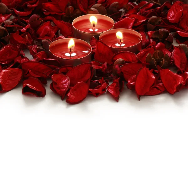 Pétalos de rosa roja y velas sobre un fondo blanco — Foto de Stock