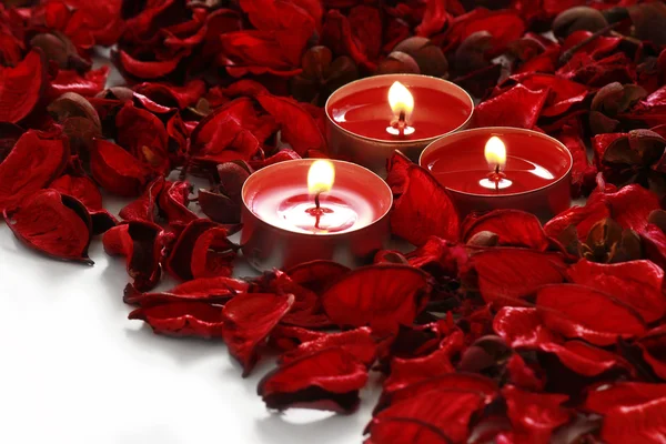 Czerwone płatki róż i świece na białym tle — Zdjęcie stockowe