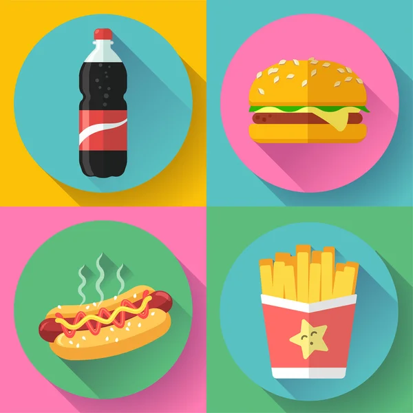 Snabbmat platt design Ikonuppsättning. hamburgare, cola, korv och pommes frites — Stock vektor