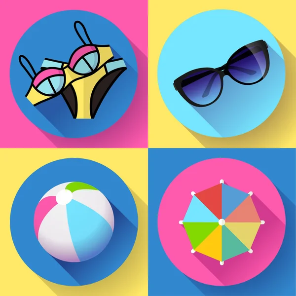 Frauen Strand-Ikone gesetzt. Badeanzug, Ball, Sonnenbrille, Regenschirm. flacher Designstil. — Stockvektor