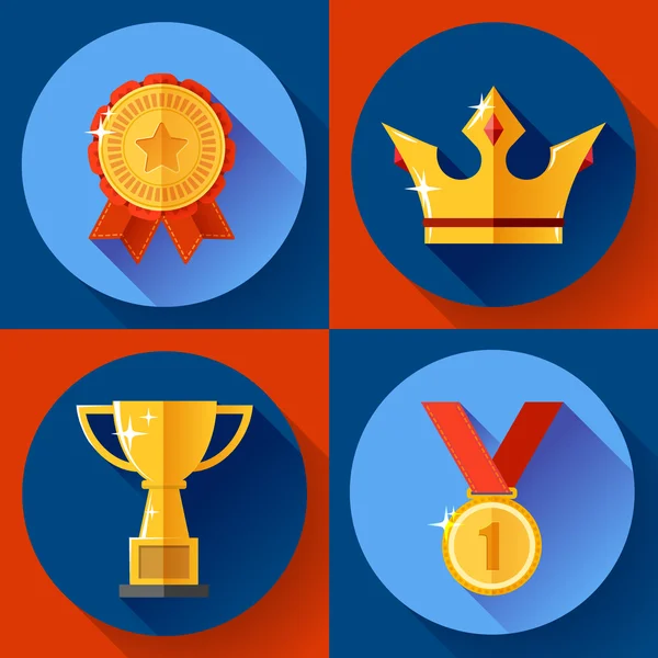 Set de iconos Símbolos de victoria dorada copa campeona, corona, medalla, insignia. Diseño plano . — Vector de stock
