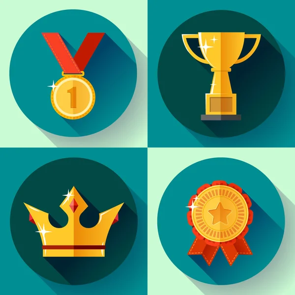 Set de iconos Símbolos de victoria dorada copa campeona, corona, medalla, insignia. Diseño plano . — Vector de stock
