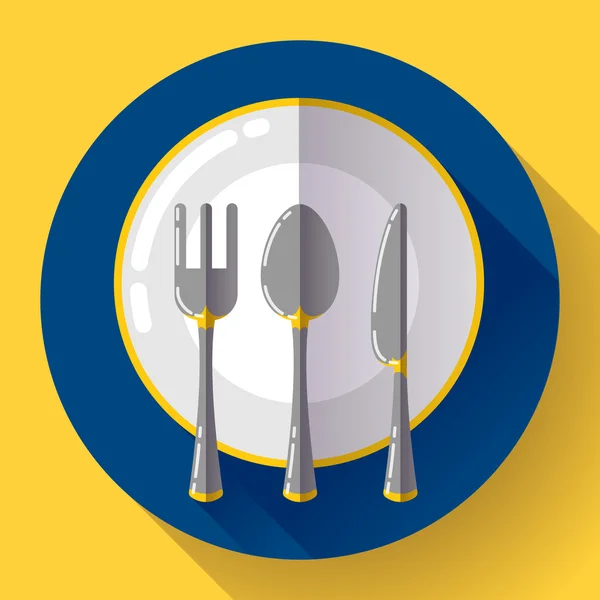 Piatti - Coltello piatto e icona della forchetta. Design vettoriale piatto con ombra lunga — Vettoriale Stock