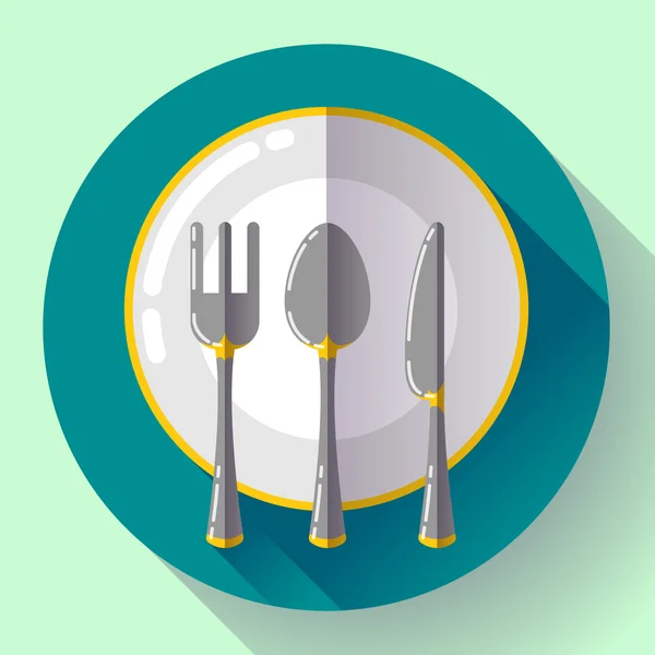 Piatti - Coltello piatto e icona della forchetta. Design vettoriale piatto con ombra lunga — Vettoriale Stock