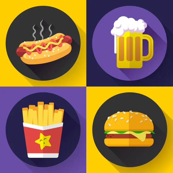 Conjunto de menu de fast food e ícones de cerveja. Estilo de design plano . — Vetor de Stock