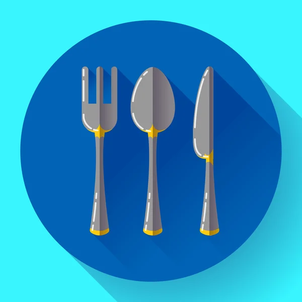 Блюда - Ложечный нож и иконка вилки. Плоский векторный дизайн с длинной тенью . — стоковый вектор