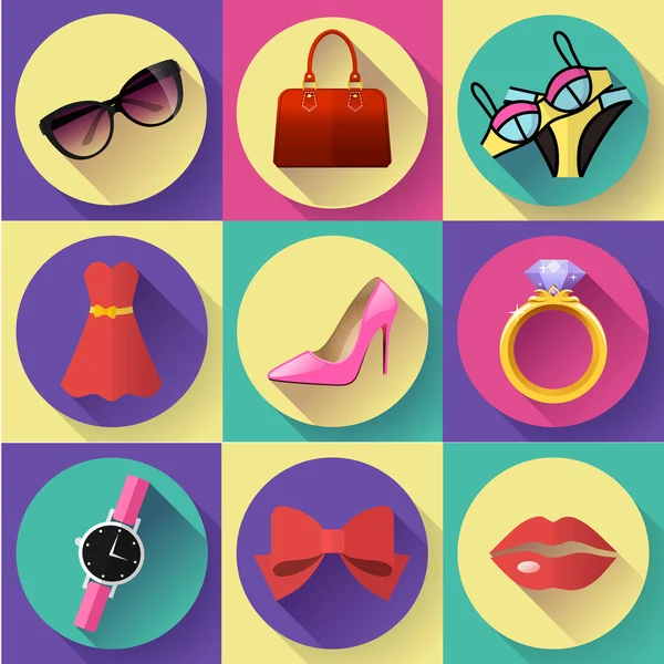 Fashion and Clothing Icons set. Flat 2.0 vector design style with long shadow — Stock Vector