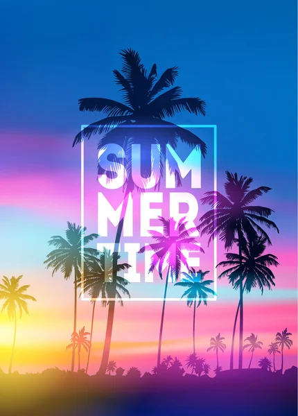 Sunset blurred background with typography text vector. Summer Time poster — Stock Vector