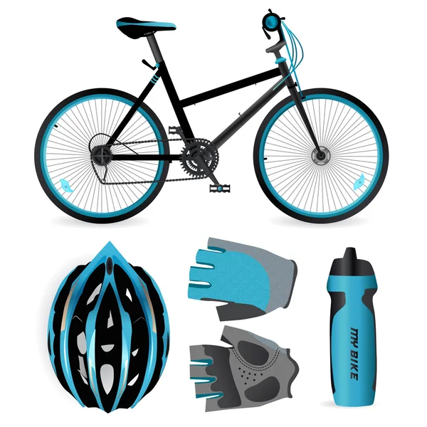 Аксессуары для велосипедов и велосипедов. Шлем, перчатки и бутылка воды — стоковый вектор