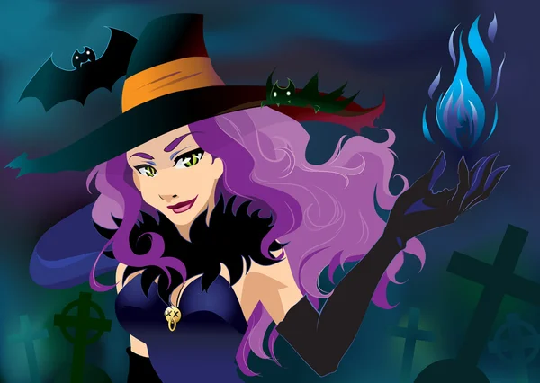 Sexy Halloween heks in hoed en jurk, werpt een spreuk nacht kerkhof met vleermuizen. — Stockvector
