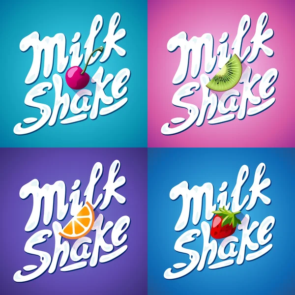 Uppsättning bokstäver milkshake tecken med jordgubbar, kiwi, apelsin, cherry - etikett — Stock vektor
