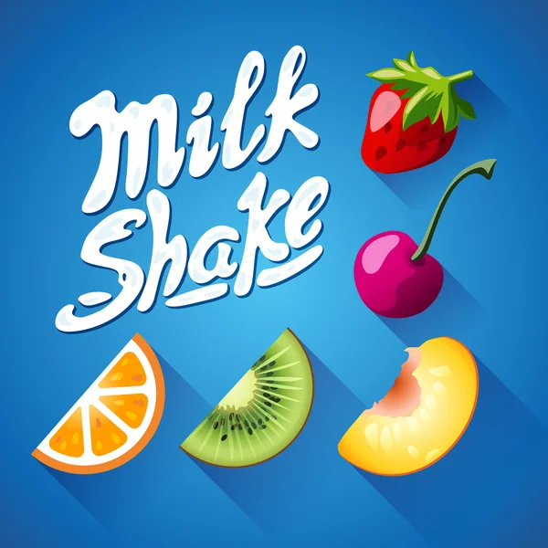 Conjunto de lettering milkshake sinal com morango, kiwi, laranja, cereja - rótulo — Vetor de Stock
