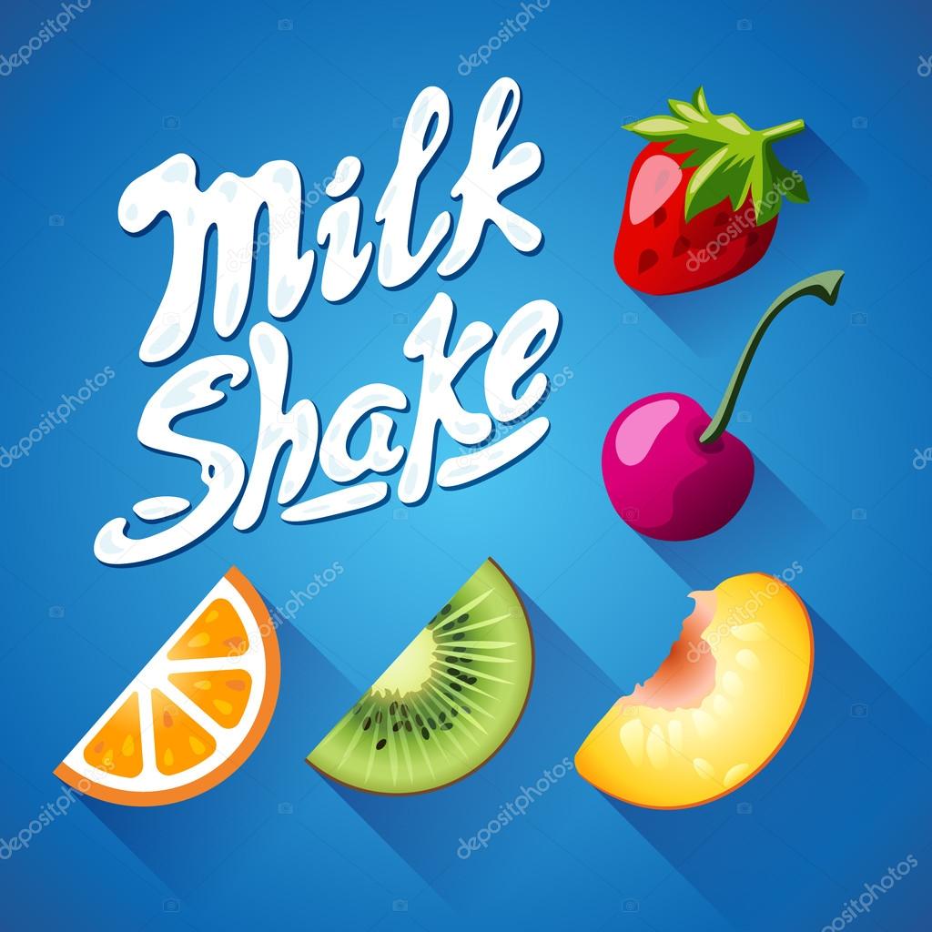 Set of lettering milkshake sign with Strawberry, kiwi, orange, cherry