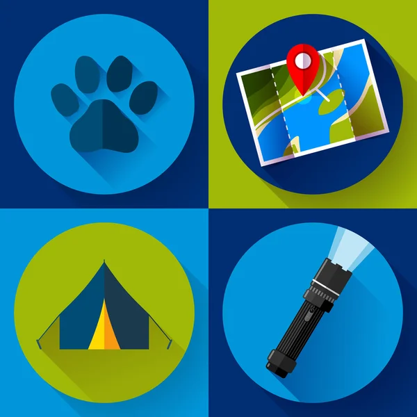 Camping Hiking icons set, flat design style vector — Stock Vector