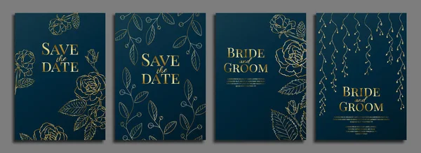一套豪华婚宴请帖设计或贺卡模板，蓝底为金色玫瑰. — 图库矢量图片