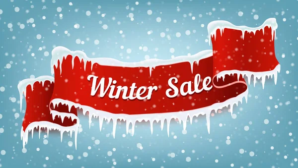 Vinter försäljning banner med röda realistiska band, istappar och fallande snö. Vektorillustration — Stock vektor