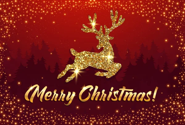 Wesołych Świąt gratulacje baner z błyszczącymi i choinkami sylwetka, kartka z brokatowym złotym jeleniem, ilustracja wektor. — Wektor stockowy