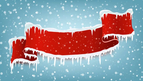 Rood realistisch ribbeltje met winterijspegels en vallende sneeuw. ruimte voor tekst Kerstbanner. Vectorillustratie — Stockvector