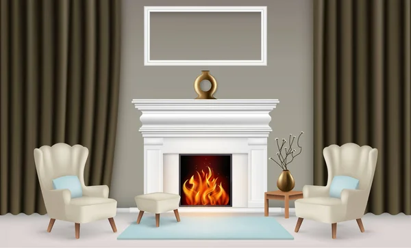 Realistický koncept interiéru obývacího pokoje s vázami, krbem, rám za obrazem, záclonami a kobercem mezi měkkými křesly, vektorová ilustrace — Stockový vektor
