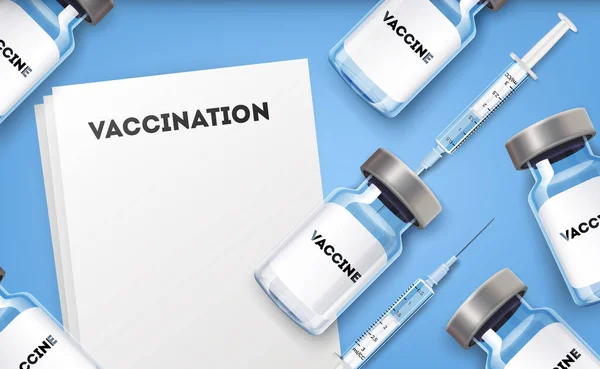 Achtergrondsjabloon voor vaccinatie. Vaccin shot, injectiespuit en leeg blanco voorschriftpapier met vaccinatietekst voor covid-19 coronavirus immunisatie en recept, vector. — Stockvector