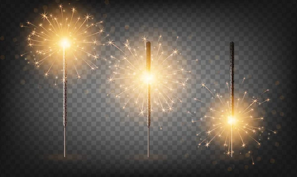 Weihnachten Neujahr bengal light set. Realistische goldene Wunderkerzen, isoliert auf transparentem Hintergrund. Festlich leuchtendes Feuerwerk. Lustige Dekorationen für Feste und Feiertage, Vector Illustration — Stockvektor