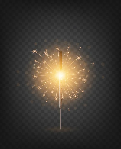 Christmas New Year bengal light. Realistic golden sparkler light isolated on transparent background. Festive bright firework. Fun decorations for celebrations and holidays, Vector illustration — Stock Vector