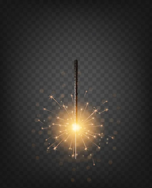 Kerst Nieuwjaar bengaals licht. Realistisch gouden schitteringslicht geïsoleerd op transparante achtergrond. Feestelijk vuurwerk. Leuke decoraties voor feesten en feestdagen, Vector illustratie — Stockvector