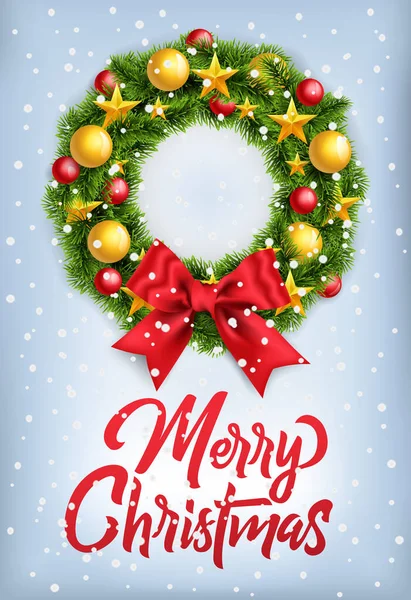 Corona de Navidad wirh postal y gran lazo rojo y juguetes de Año Nuevo. Corona decorada de ramas de pino y letras Feliz Navidad, ilustración vectorial. — Archivo Imágenes Vectoriales