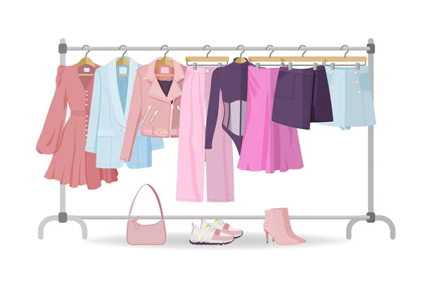 Kleding hanger met casual vrouw kleding, schoeisel — Stockvector