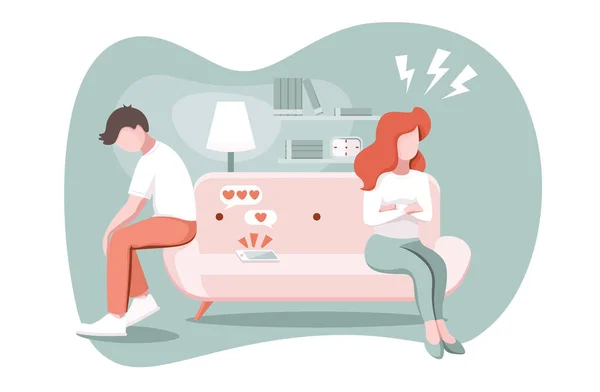 Divorce, breakup, ignore concept. Married couple argument, man and woman in a quarrel and misunderstanding, ignore each other in apartment. Suspicion of treason. vector illustration — Stock Vector