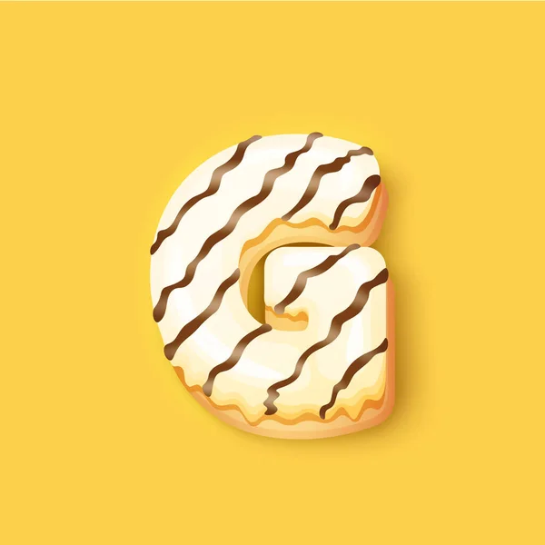 Donut icing white upper latter - G Fuente de rosquillas. Alfabeto dulce panadería. Alfabeto de rosquilla último G aislado sobre fondo amarillo, ilustración vectorial — Vector de stock