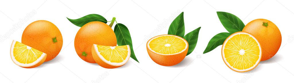 Realistic oranges with green leaf whole and sliced set, sour fresh fruit, bright yellow peel, set of oranges vector illustration isolated on white background