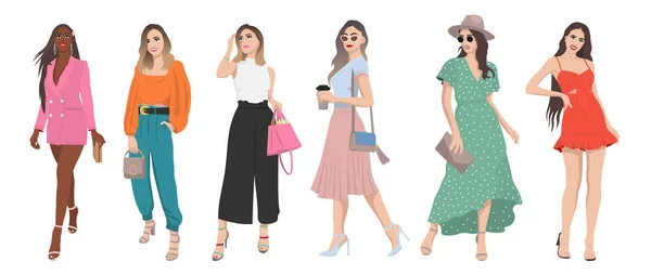 Set of women dressed in stylish trendy summer spring clothes 2021 - fashion street style — Stock Vector