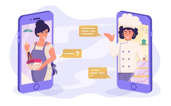 Corso di cucina online - una giovane donna cucina e chiede al cuoco al telefono in un workshop di cucina online chat durante lo streaming utilizzando il telefono. illustrazione vettoriale. — Vettoriale Stock