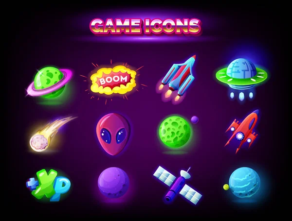 Ícones de jogos móveis isolados em fundo escuro. Elementos GUI para aplicativo móvel, pacote de ilustração vetorial em estilo cartoon — Vetor de Stock